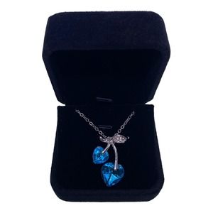 Imitation Blue Topaz Cubic Zirconia CZ Gemstone Cherry Cherries Heart Necklace